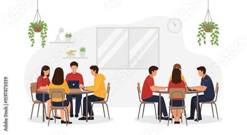 Modern Workplace Collaboration People Meeting Around Tables With Laptops