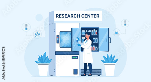 Female Scientist Examining Samples In Research Center Refrigerator Unit