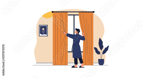 Morning Awakening Young Man Opens Curtains Letting Sunlight Into Room