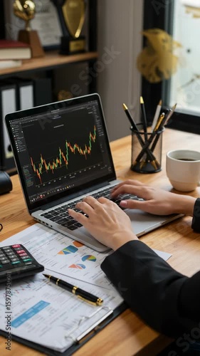 Professional analyzing market trends and financial data in a modern office workspace