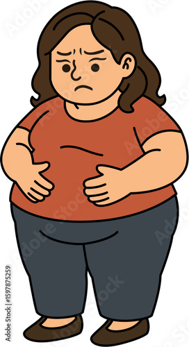 Plus size woman in red shirt holding her stomach with upset expression