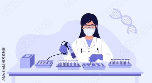 Female Scientist Performing Laboratory Test Experiment On Viruses And Disease