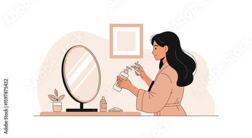 Morning Ritual At Home Young Woman Applies Cream In Front Of A Mirror