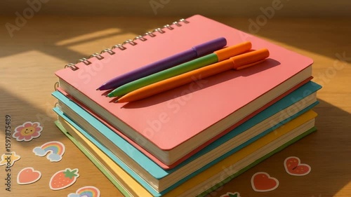 Creative stationery setup featuring colorful notebooks and vibrant pens on a sunlit wooden table