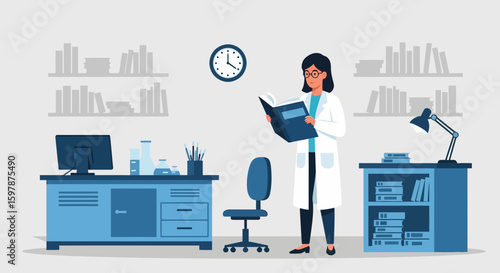 Female Scientist Reading A Book In Her Lab With Scientific Equipment