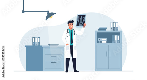 Confident Doctor Holding X-Ray in Hospital Examination Room Diagnosis Analysis