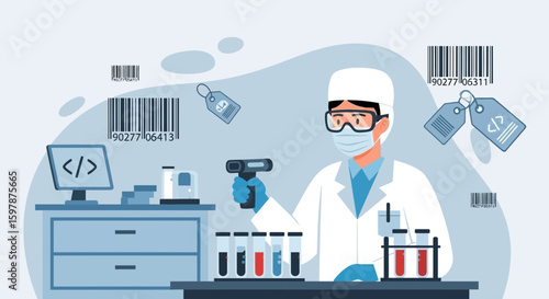 Lab Technician Scanning Barcodes in Futuristic Research Environment With Data Analysis