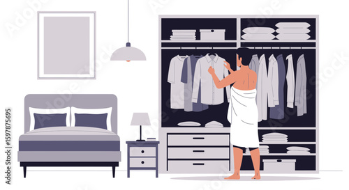 Morning Routine Choosing Clothes Outfit In Minimalist Bedroom Design Style