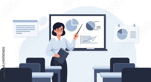 Female Teacher Explaining Business Chart In Classroom During Lesson Presentation