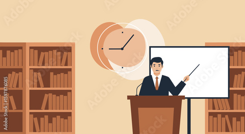 Lecturer Presenting Information on Screen with Library Background and Timing Clock