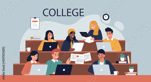 Diverse Students Attending College Lecture Hall Learning Together With Their Notebooks