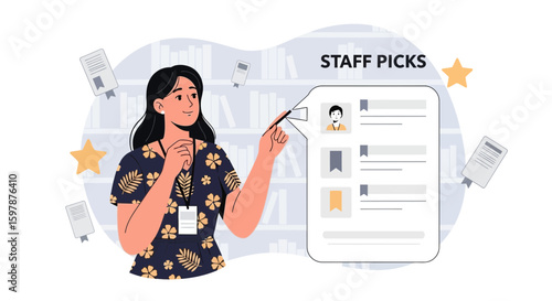 Librarian Presenting Staff Picks List in Library Setting at Bookstore