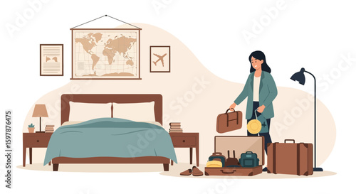 Female Traveler Packing Suitcases In Hotel Room For Vacation Or Business Trip