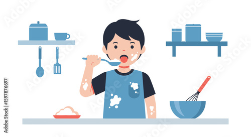Little Boy Enjoying Baking Tastes While Creating Mess Cartoon Illustration