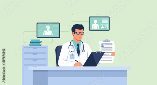 Doctor Analyzing Medical History During Virtual Consultation In The Office