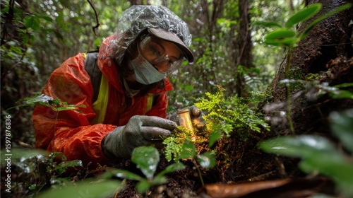Exploration of rare fern species tropical rainforest scientific research lush environment close-up biodiversity conservation