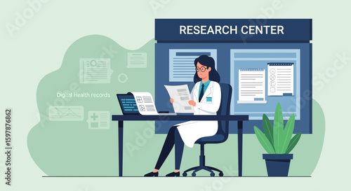 Doctor Analyzing Medical Reports At Research Center With Digital Health Records
