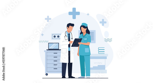 Doctor And Nurse Discussing Patient Information In Hospital Setting Vector Illustration