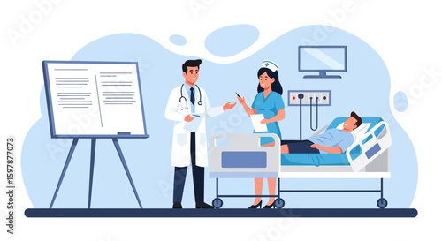 Doctor And Nurse Examine Patient In Hospital Bed With Medical Equipment