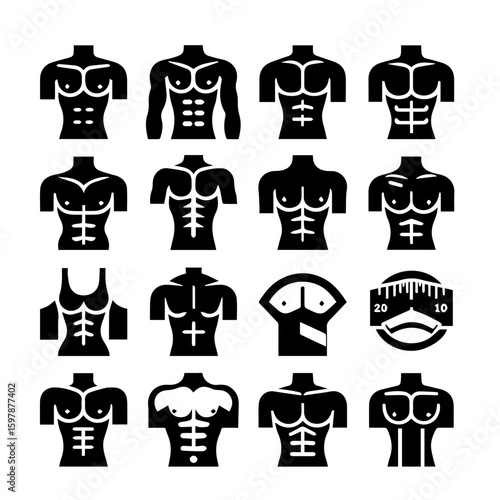 Collection of sixteen stylized male torso icons with varying levels of muscular definition shown in black