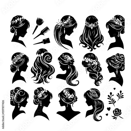 Collection of silhouette hairstyles with floral accents and hair styling tools in black and white style