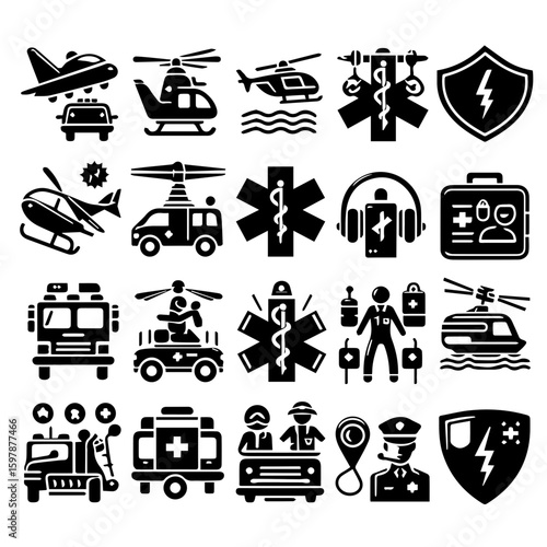 Collection of emergency service vehicles and medical symbols including ambulance and police transport icons