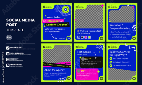 Social media carousel post template. Business Instagram and facebook square post template. Content creator, influencer, program, workshop, post, layout template design, modern, vibrant, futuristic