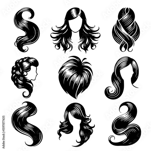 Illustration showing various hairstyles and hair arrangements in detailed black and white drawing