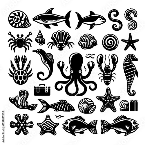 Collection of black and white sea creatures including fish, shellfish, seahorses, and other ocean life