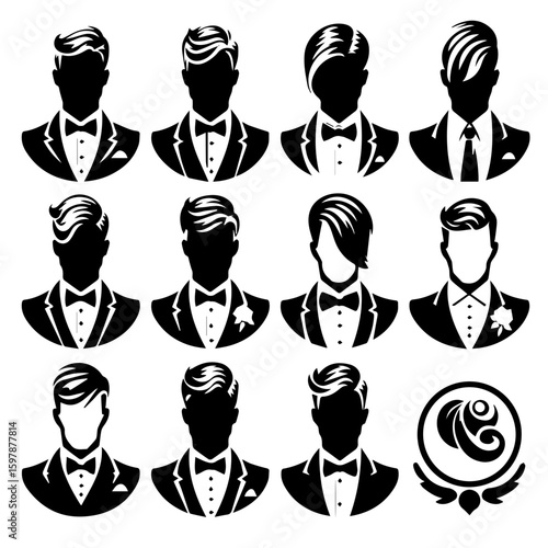 Collection of twelve black and white silhouette images of men in formal attire and a decorative emblem