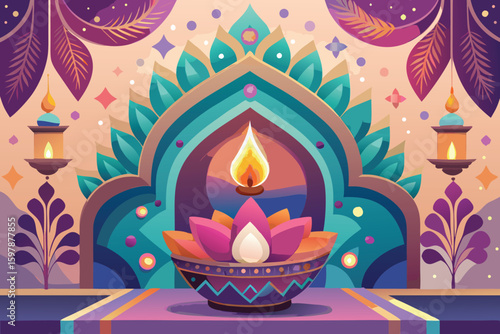 Vibrant Diwali Illustration with a Cat in the Center Design
