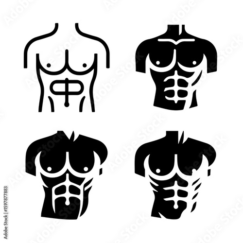 Illustration showing four different stylized torsos with varying degrees of muscle definition shown