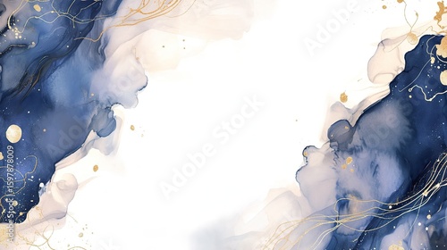 Watercolor dark blue and gold abstract cloud design on white background, featuring gold glitter sprinkles and white paper texture, blending artistic patterns with vibrant metallic accents.