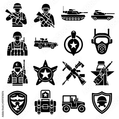 Collection of military icons representing soldiers, tanks, weapons, and protective gear in black silhouette