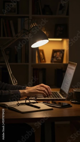 Late night work session at a desk with lamp illuminating a laptop and personal items