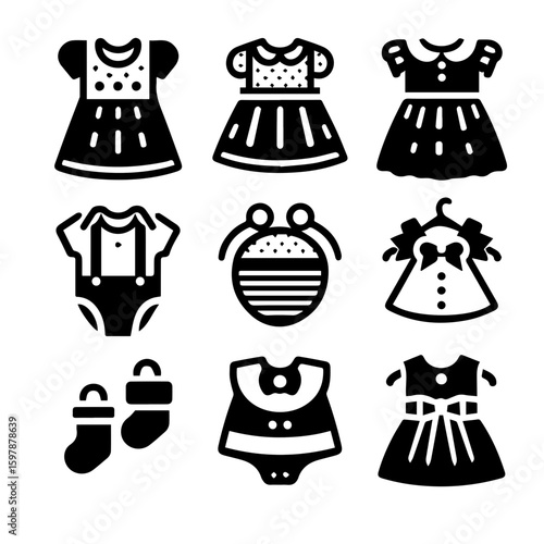 Collection of baby clothes including dresses bibs socks and a bodysuit presented in black and white style