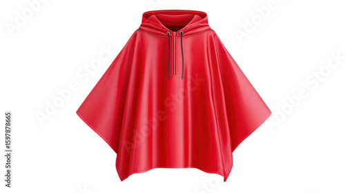 Red hooded rain poncho isolated on transparent background with shiny texture and drawstring