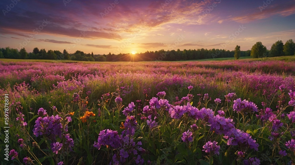 Obraz premium A vibrant sunset over a purple flower field, creating a serene and peaceful atmosphere.