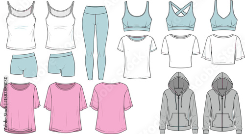 Women activewear flat sketch set, tank tops, leggings, hoodies, t-shirts, sports bras, technical vector drawing, cad fashion template