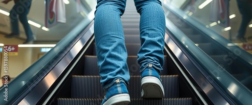 Close-up of denim-clad legs ascending on an escalator,  legs,  texture
