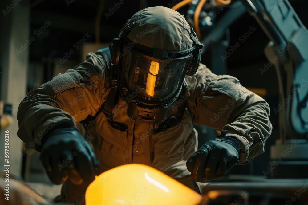 Fototapeta premium Worker in protective gear is manipulating glowing molten material in a high-tech industrial environment, showcasing safety measures and advanced technology in action