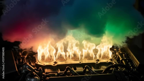 Energetic automotive engine igniting fuel generating colorful smoke, high performance combustion,