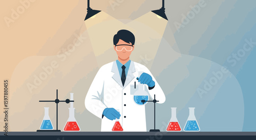 Scientist Conducting Chemical Research In Laboratory With Beakers And Flasks