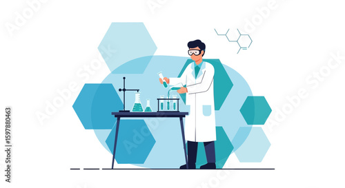 Scientist Conducting Experiment Illustration Against Chemical Structure Background