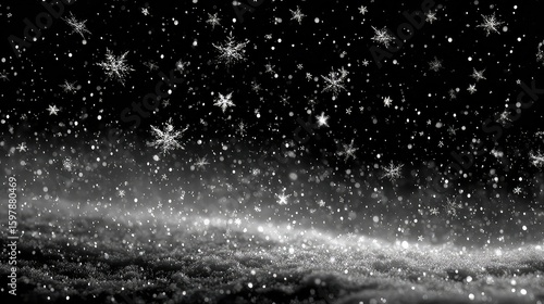 Realistic snowfall on black background with falling snowflakes, winter night concept, ideal for seasonal holiday themes, weather visuals, Christmas design, or cold atmosphere scenes