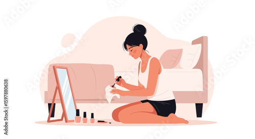 Woman Applying Nail Polish In Her Bedroom For A Self Care Day
