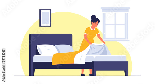Woman Arranging Bed Sheets In Bedroom For Morning Routine Housekeeping