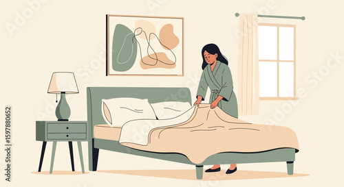 Morning Routine Woman Makes The Bed In Bedroom Calm And Peaceful Atmosphere