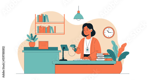 Young Woman Working In A Library Scaning Books At The Counter Cartoon Vector