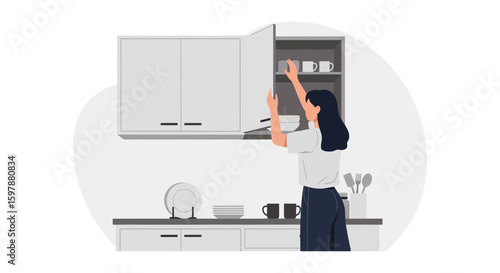 Woman Arranging Dishes In Modern Kitchen Cabinet For Daily Life Routine